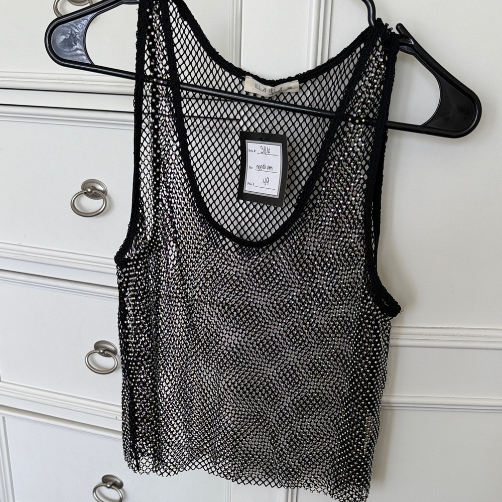 ILLA ILLA Black Sheer Mesh Tank with Iridescent Embellishments